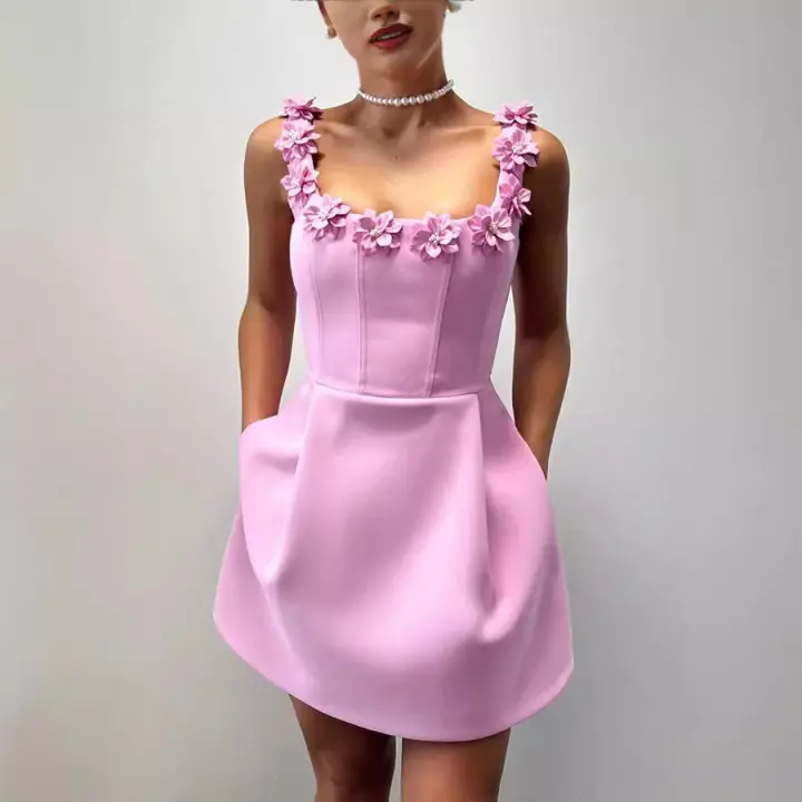 Vestido De Suspensión Sin Mangas Con Bolsillos Estilo Casual Para Mujer Vestido A-line De Cintura Alta Abierta De Polyester - 1