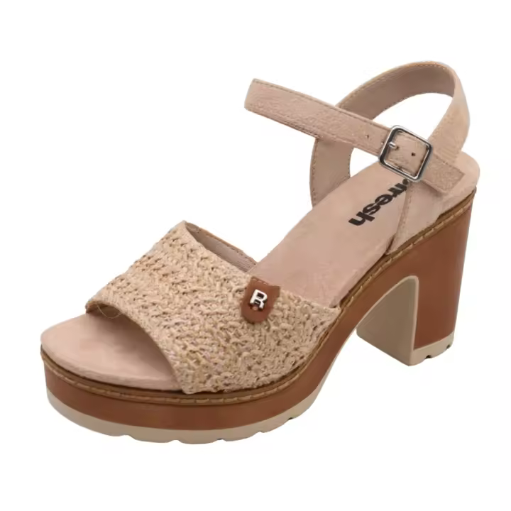 Sandalia Refresh Con Diseño De Pala De Tela Y Tacón Grueso Y Alto Para Mujer Color Beige - 1