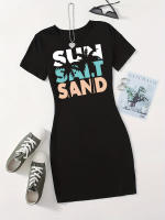 Camiseta De Verano Para Mujer SUN SAIT Con Estampado De Arena Ajustada Manga Corta Cuello Redondo Vestido Mini Casual - details 1