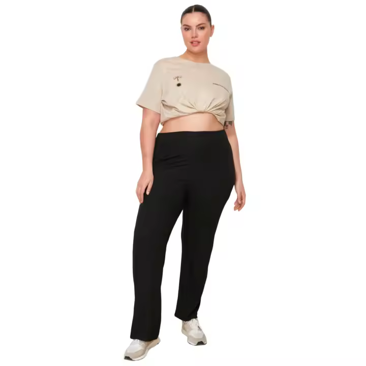 Trendyol Black High Waist Wide Leg Knitted Plus Size Trousers Tbbss23Ar00003 - 1