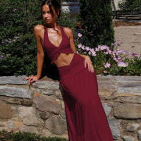 Conjunto Elegante De 2 Piezas Para Mujer Halter Sin Espalda Camisola De Cintura Elástica Con Volantes + Falda Larga De Encaje Sólida Vestido De Noche Para Fiesta Y Vacaciones En La Calle - details 38