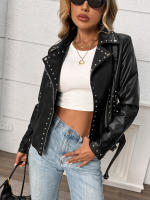 Chaqueta De Cuero Sintético Para Mujer Con Estilo De Motociclista Y Punta De Lanza Cierre De Cremallera Decoración De Hebilla Moda Casual De Calle Punk Tendencia - details 2