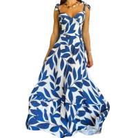BAMBOOBOY Vestido Largo De Verano Para Mujer Con Estampado De Encaje Spaghetti Strap V-Neck Sundress De Playa Vestido De Fiesta De Poliéster Con Estiramiento Ligero - details 6