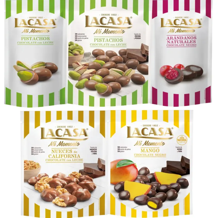 Lacasa Mi Momento pack de 5:Arándano choco Negro 60G,Pistacho Leche 50G,Nueces Leche 115G,Pistacho Leche 100G,Mango choco Negro 115G - 1