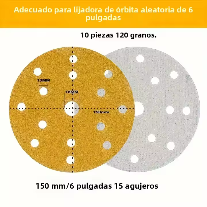 Discos De Lijado De 15 Huecos De 6 Pulgadas 150MM Papel De Lijar Seco Y Humedecido Gritos 60-400 Aluminio Oxídeo Para Pintura De Coche Madera Auto Pulido - 1