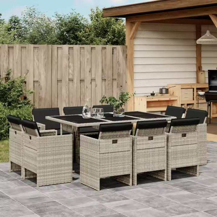 vidaXL Set de comedor de jardín 11 pzas y cojines ratán sintético gris - 1