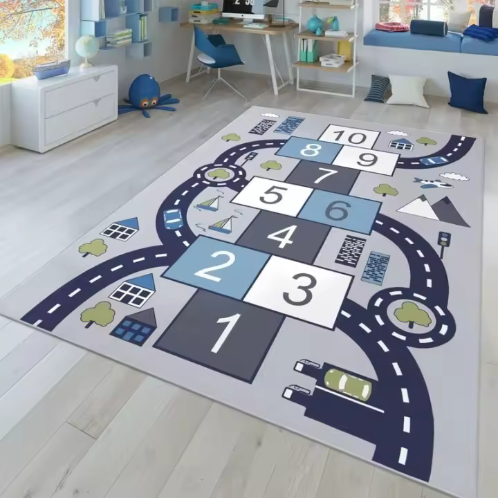Alfombra Dormitorio Infantil Alfombra De Juegos Alfombra Niño Niña Casa Coches Carretera, Color: Gris, Tamaño: 80x160 cm - 1