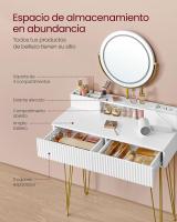 Tocador con Taburete e Iluminación, Espejo Giratorio, Regleta de Enchufes y Cajones, 40x100x134,8 cm, Blanco Mate y Dorado Pálido - details 2