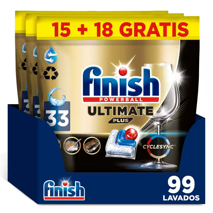 Finish Ultimate Plus Limpieza y Brillo Intensivos, Pastillas para el Lavavajillas, Limpieza intensiva, brillo diamante + protección vajilla, 99 lavados - 1