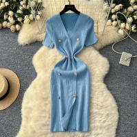 Vestido Tejido REALEFT 2025 Para Mujer Verano Cuello En V Corto Manga Metálico Botones Cintura Alta A-Line Longitud Media - details 1