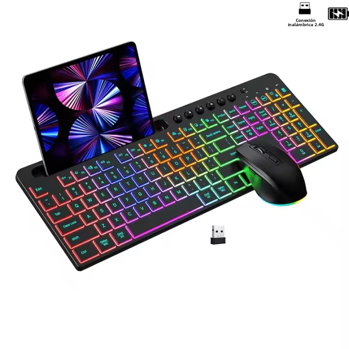 Teclado Inalámbrico Ergonómico Con Ratón Y Soporte Para Teléfono Multicolor Recargable 2.4G Para PC Laptop Windows - 1