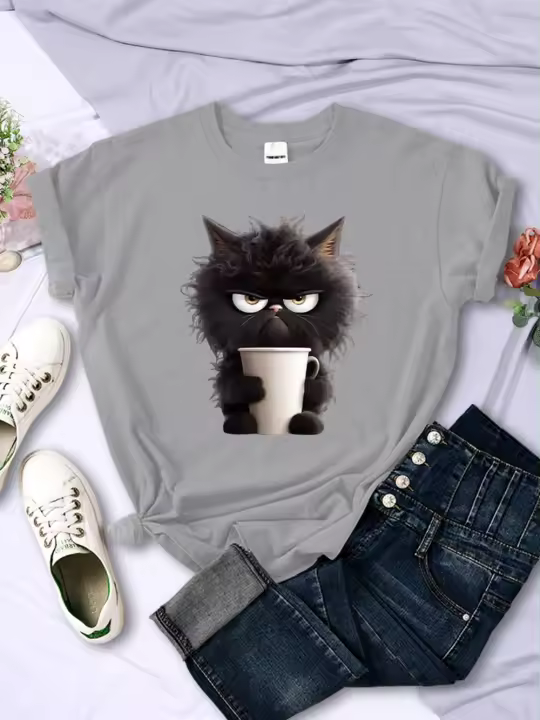 Camiseta Kawaii Para Mujer Con Estampado De Gato Negro Y Taza De Papel Cuello Redondo Transpirable Suave Verano Ropa De Calle - 1