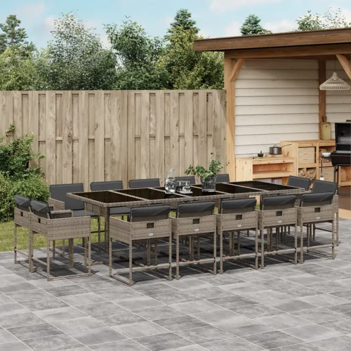 vidaXL Set comedor de jardín con cojines 15 pzas ratán sintético gris - 1