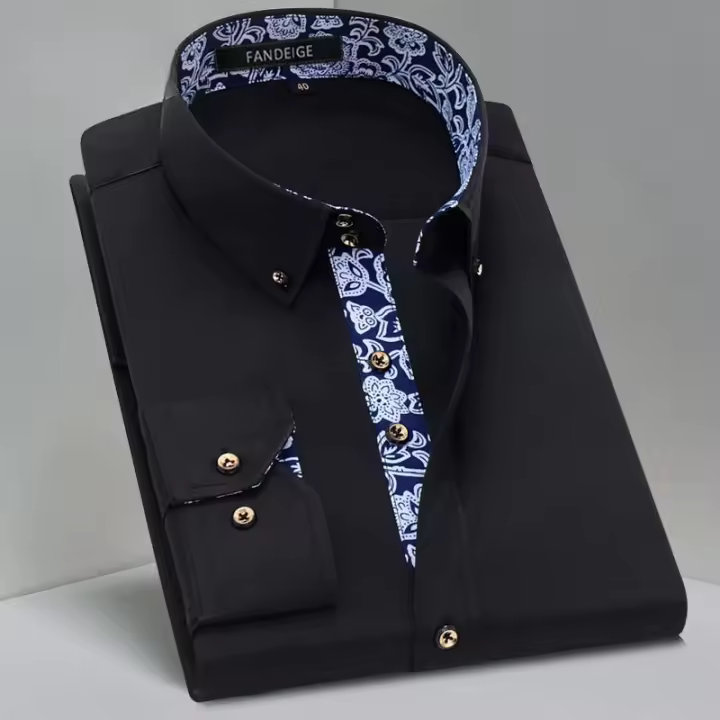Camisa De Punto De Lujo Para Hombre Azul Y Blanco Con Estampado De Color Sólido Cuello En V Manga Larga Ajustada Casual Negocios Antideslizante Algodón - 1