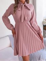 Vestido EVNISI Para Mujer De Color Rosa Con Lazo Y Pliegues De Manga Larga Elegante Para El Office Y Party Vestidos De Otoño - details 3