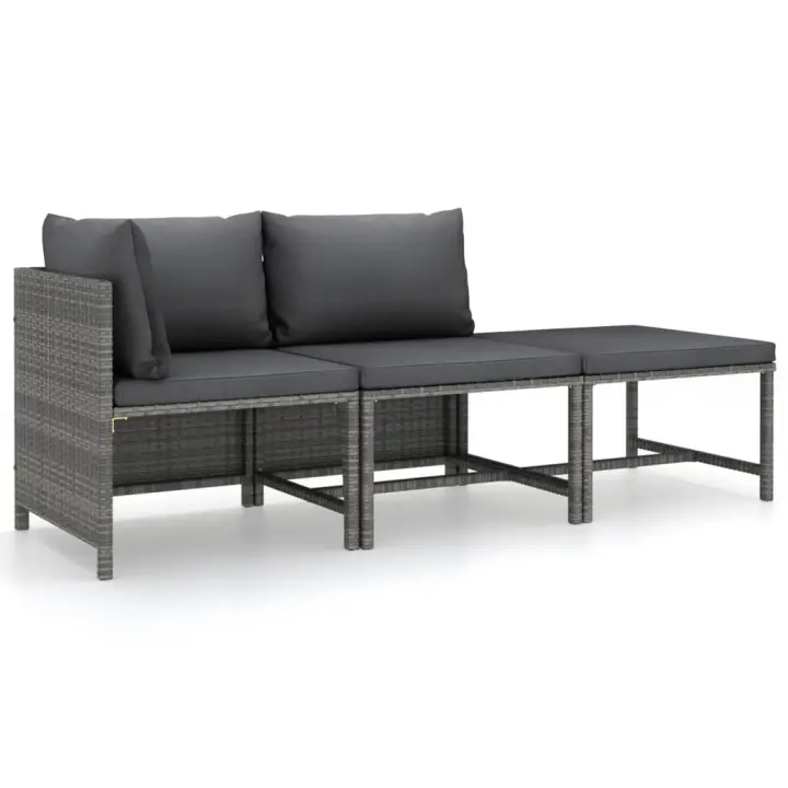 vidaXL Set de muebles de jardín 3 pzas y cojines ratán sintético gris - 1