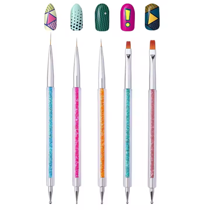 Pinceles para decoración de uñas: kit de pinceles de doble punta y herramientas para puntear, elegante juego de bolígrafos para uñas con mangos brillantes, herramientas de delineado profesionales fáciles de usar, 5 piezas - 1