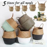 Cesta De Almacenamiento Tejida De Hierba De Mar Natural Hecha a Mano Plegable Para Ropa Y Lavandería Cesta De Paja De Resina Rattan Con Flor Bolsa De Playa - details 1