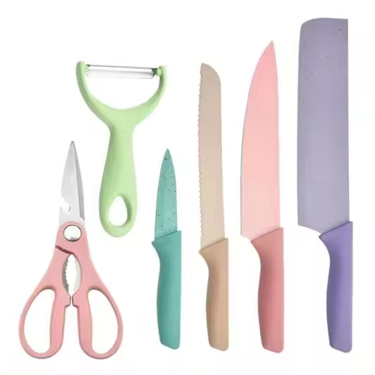Set de cocina 7 piezas, 4 cuchillos  de chef antiadherentes de acero inoxidable para barbacoa y cocina, tijeras, pelador + tabla de cortar - 1