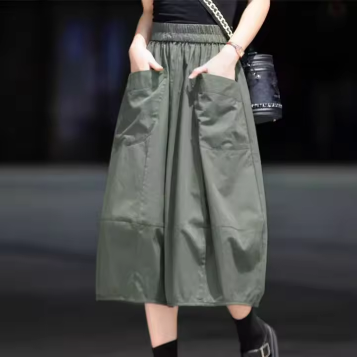 ZANZEA Falda Cargo Larga Para Mujer Estilo Coreano Suelta Con Cintura Elástica Midi Verano 2024 Pleated Skirt Solid Color - 1