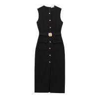 Vestido Largo Negro Para Mujer Estilo Casual Elegante Con Botones Y Manga Corta Para Primavera Verano 2025 Vestidos De Polyester A-Line - details 0