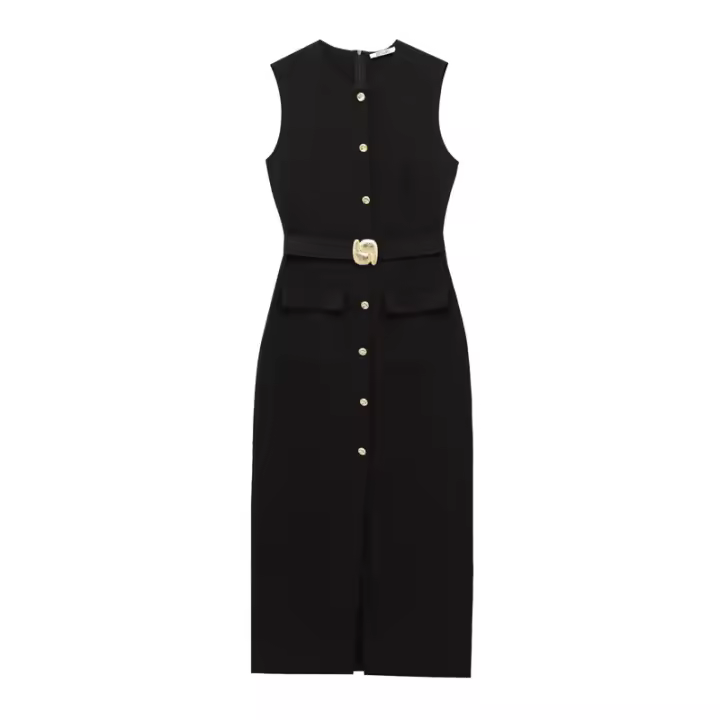 Vestido Largo Negro Para Mujer Estilo Casual Elegante Con Botones Y Manga Corta Para Primavera Verano 2025 Vestidos De Polyester A-Line - 1