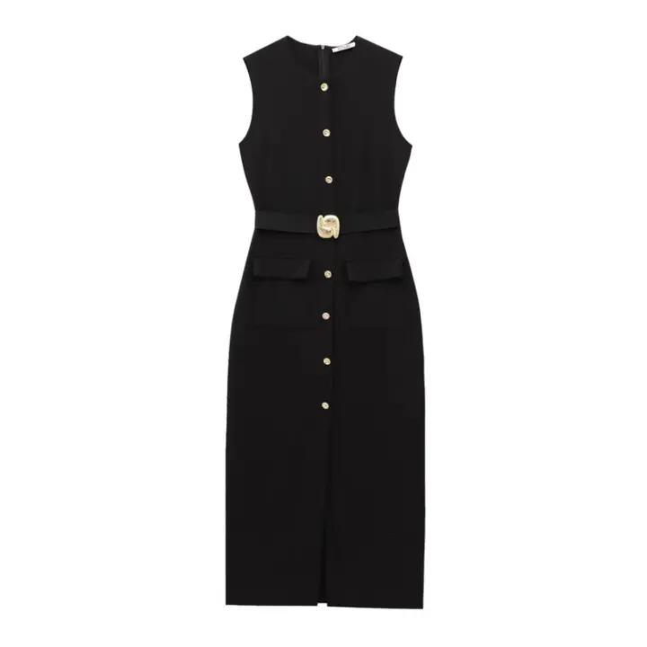 Vestido Largo Negro Para Mujer Estilo Casual Elegante Con Botones Y Manga Corta Para Primavera Verano 2025 Vestidos De Polyester A-Line - 1