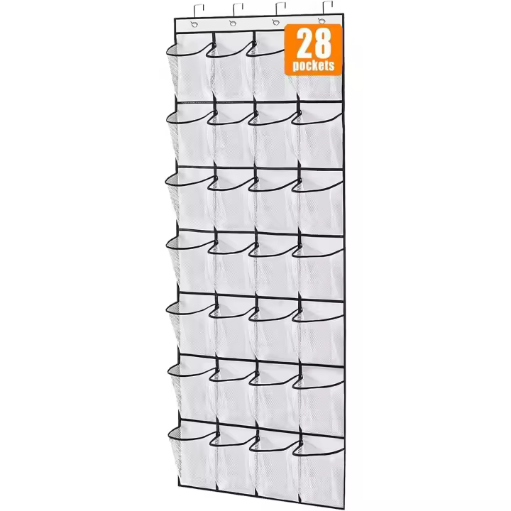 Organizador de almacenamiento de zapatos sobre la puerta, 28 bolsillos grandes, armario, Zapatero, almacenamiento colgante de malla, colgador de zapatos, organizador, blanco - 1