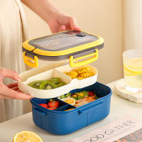 Fiambrera de Doble Capa, lonchera para estudiantes con compartimientos, lonchera reductora de Grasa apta para microolas para profesionales de oficina, lonchera, 21*14,5 cm, compartimientos Dobles con 3 compartimientos-Azul - details 4