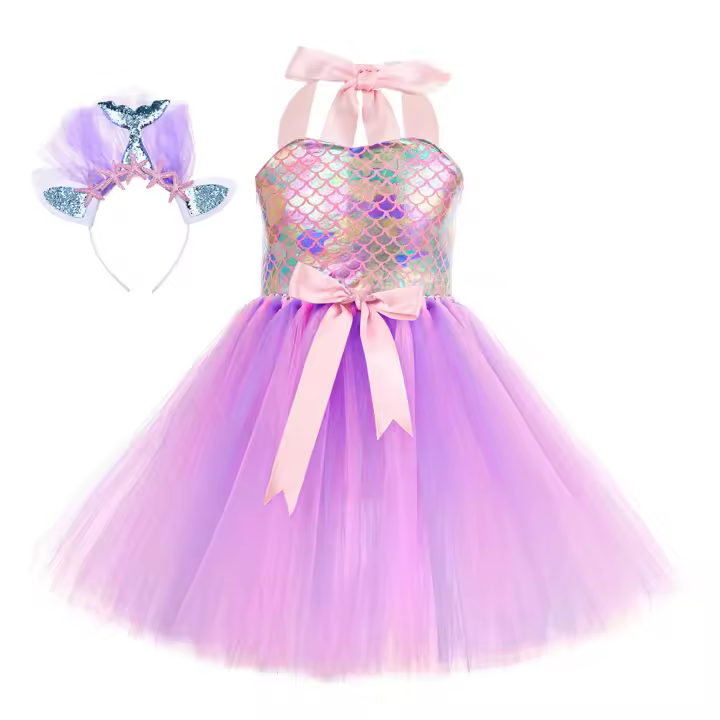 Vestido de tutú de sirena con diadema para niñas, disfraz de Halloween, vestido de princesa sirena para fiesta de cumpleaños con forro - 1