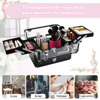 HOMCOM Maletín de Maquillaje Bisutería Organizador Cosméticos Portátil Múltiples Niveles Con Asa y Bandejas Desplegables Aleación de Aluminio 30x18,5x22 cm Transparente y Negro - details 4