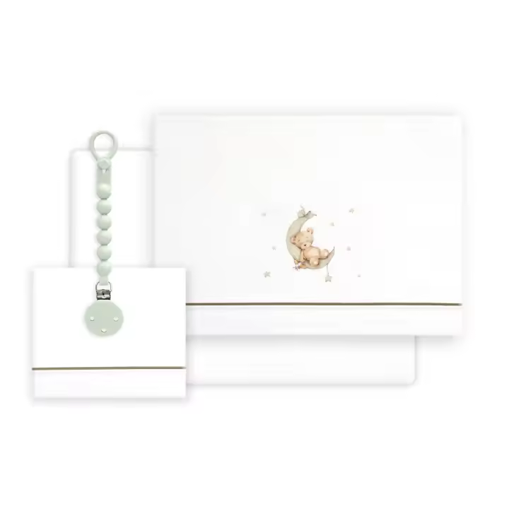 Triptico de Cuna Estampado Oso Luna Estrella + Chupetero, Color Blanco-Verde, Interbaby - 1