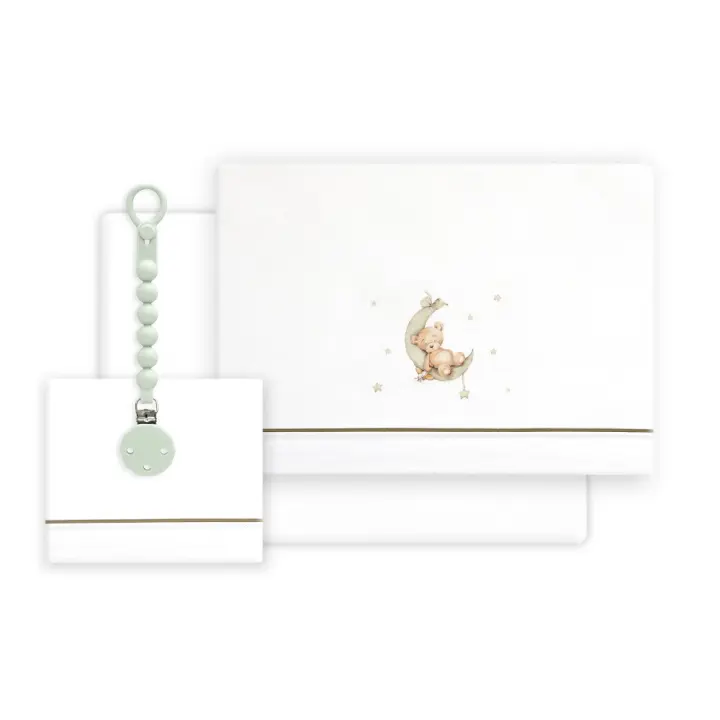 Triptico de Cuna Estampado Oso Luna Estrella + Chupetero, Color Blanco-Verde, Interbaby - 1