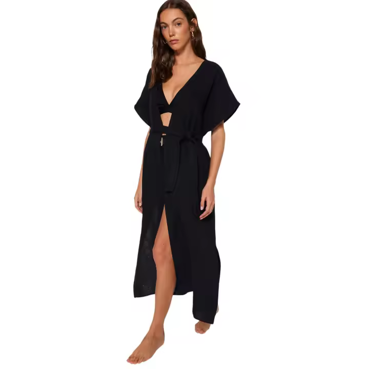 Trendyol Black Belted Maxi Woven Slit Muslin Beach Kimono&Caftan Tbess23Km00019 - 1