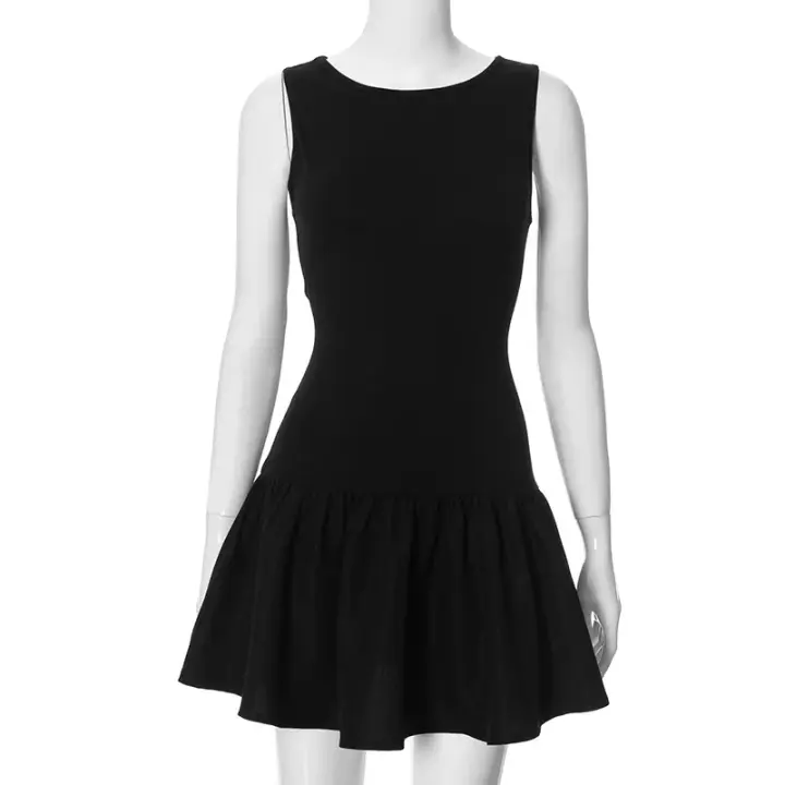 Vestido Mini De Fiesta Sin Mangas Negro Para Mujer Verano Y2K Streetwear Bodycon Pleated O-Neck Cierre Pullover Synthética - 1