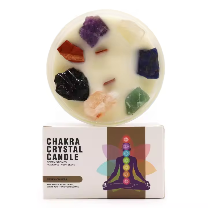 Viva Esencia – Vela aromática de cristal 7 Chakras con piedras naturales, cera de soja vegetal, 100 % artesanal, ideal para rituales de equilibrio energético, meditación y armonización espiritual del cuerpo y la mente – Ancient Wisdom - 1
