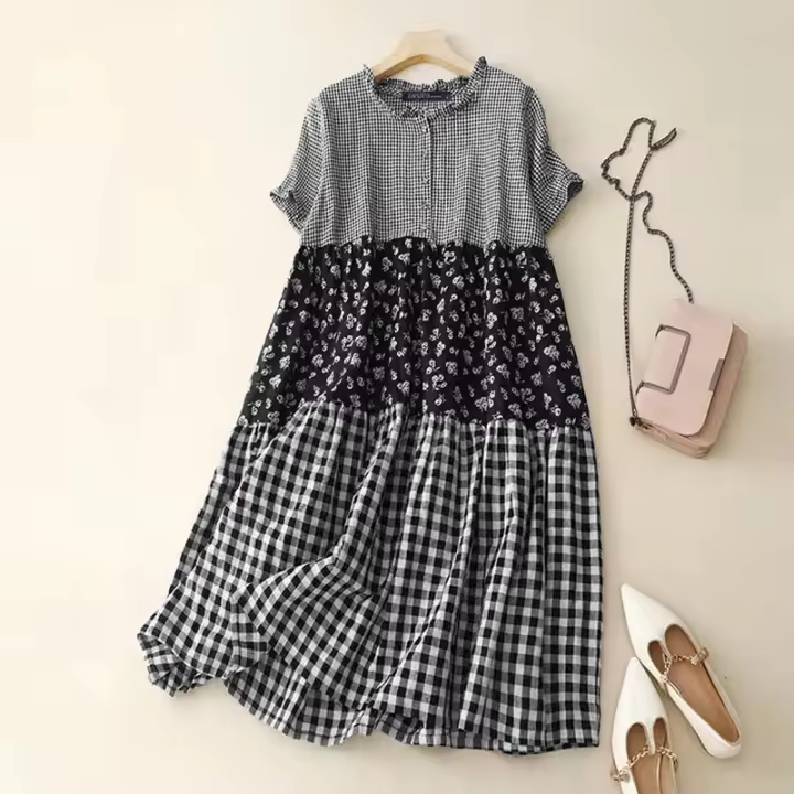 ZANZEA Vestido Largo a Cuadros Para Mujer Moda Verano 2024 Vestido De Fiesta Casual Sin Ajuste Manga Corta Decoración De Encaje Tipo Vintage Longitud Del Vestido Hasta El Tobillo - 1