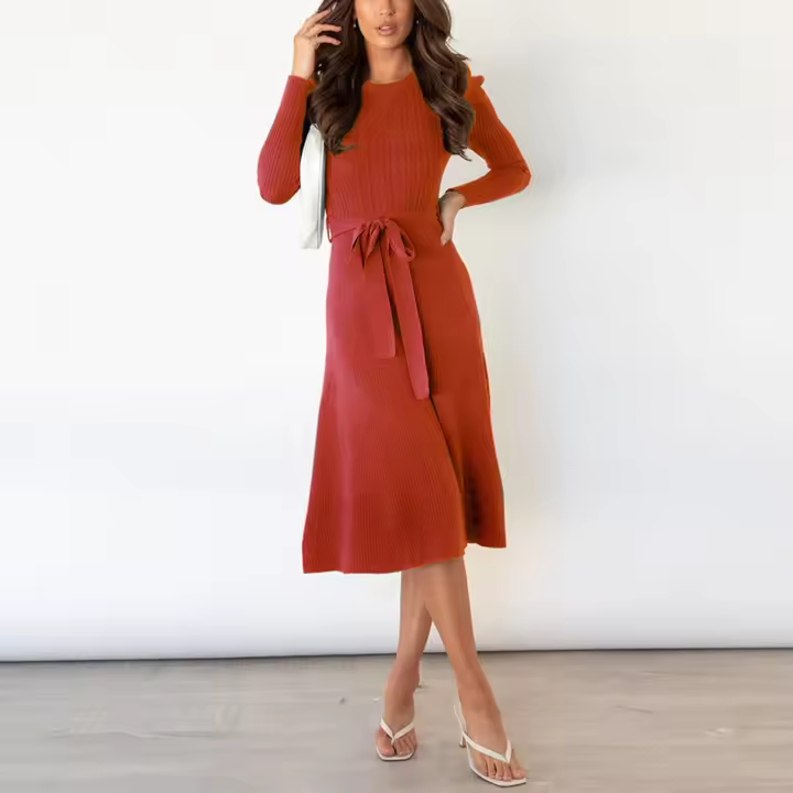 Vestido Casual Diario Para Mujer Con Mangas Burbuja Cintura Alta Ajustada Y Volante Medio Largo De Tejido Knit Moda Avanzada Y Única - 1