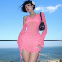 Vestido De Playa De Verano 2025 Para Mujer Estilo Picante Diagonal Hombro Largo Manga Flare Vestido De Vacaciones Sexy & Club - details 1