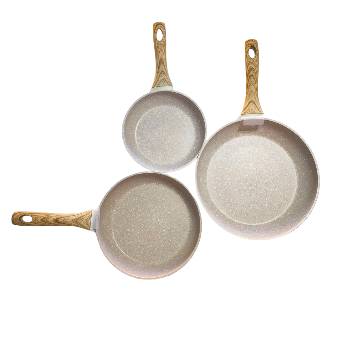 Set de 3 Sartenes 20/24/28cm con Revestimiento Antiadherente a la Piedra . Incluye set de cuchillos y set de utensilios de bambu
