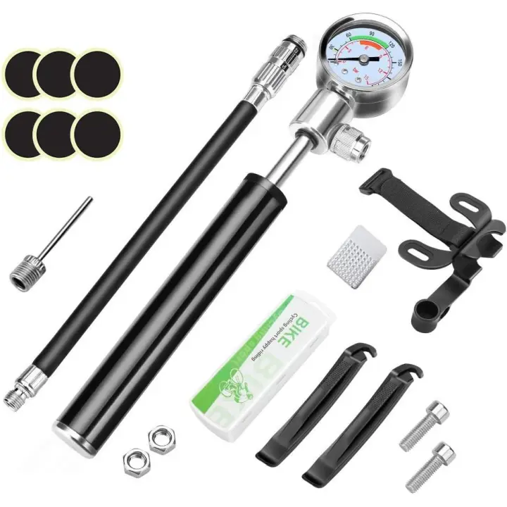 Kit de reparación de neumáticos y minibomba para bicicleta con manómetro de alta presión de 210 PSI, herramienta de reparación de bicicletas, 2 palancas para neumáticos, 6 parches de emergencia y escofina de metal - 1