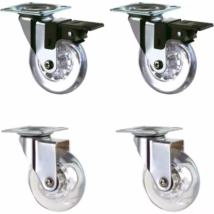Juego de 4 ruedas transparentes de 50 mm con freno para transporte, fáciles de mover, aptas para todas las superficies (50 mm), revestimiento de goma transparente, carga total 160 kg. - 1