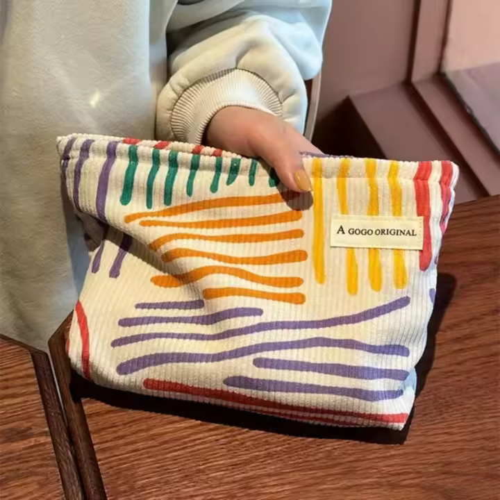 Bolso De Maquillaje Para Mujer En Terciopelo Estampado De Rayas Clásicas Organizador De Belleza De Viaje Estuche De Cosméticos Unisex - 1