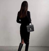 Vestido Bodycon Midi De Otoño Invierno Para Mujer Con Manga Larga Cuello Redondo Elegante Y Chic Ajustado Para Oficina Y Calle - details 4