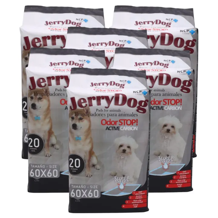 Jerry Dog  Pack 6 Bolsas Empapadores con Carbón Activo para Animales Perros y Gatos (Total 120 Unidades) 60 x 60cm Con Polímeros Super Absorbentes Alfombrilla desechable higiénica de Entrenamiento Atrapa Los Malos Olores - 1