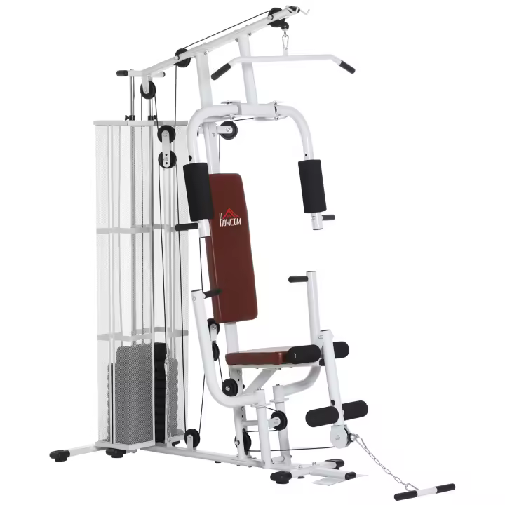 HOMCOM Gimnasio Power Station Estación de fitness Multigimnasio Centro de fitness Aparatos de fitness con pesas Lat Pulldown Curl de piernas Acero Piel sintética Blanco 150 x 110 x 210 cm - 1
