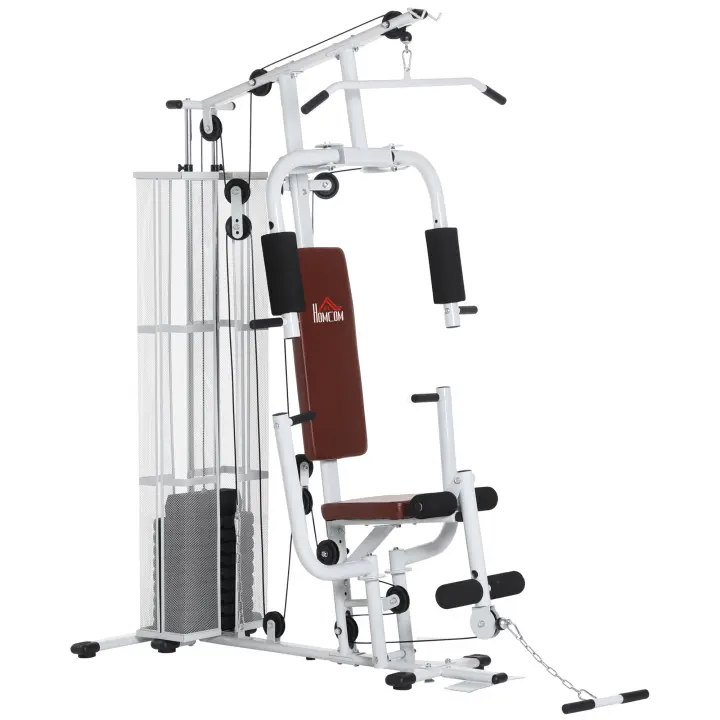 HOMCOM Gimnasio Power Station Estación de fitness Multigimnasio Centro de fitness Aparatos de fitness con pesas Lat Pulldown Curl de piernas Acero Piel sintética Blanco 150 x 110 x 210 cm - 1