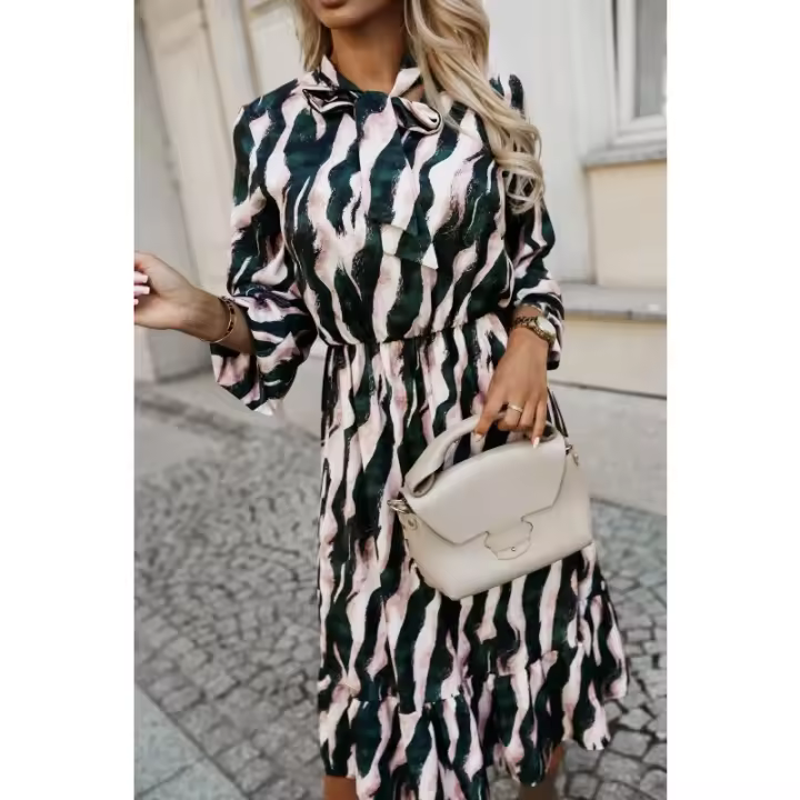 Vestido Largo Elegante Para Mujer Con Cuello Y Lazo En Patoño De Zebra Moda Casual De Manga Larga Tallas S-XXL - 1