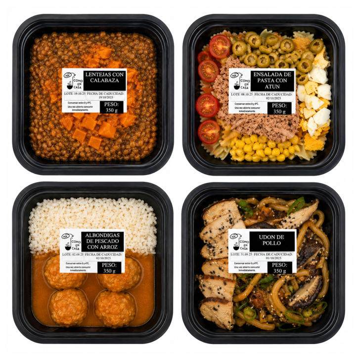 PIDE COMO EN CASA | Platos Preparados para Calentar | Lentejas con Calabaza, Ensalada de Pasta con Atún, Noodles Udon de Pollo y Albóndigas de Merluza con Arroz | Pack 4 x 350 g