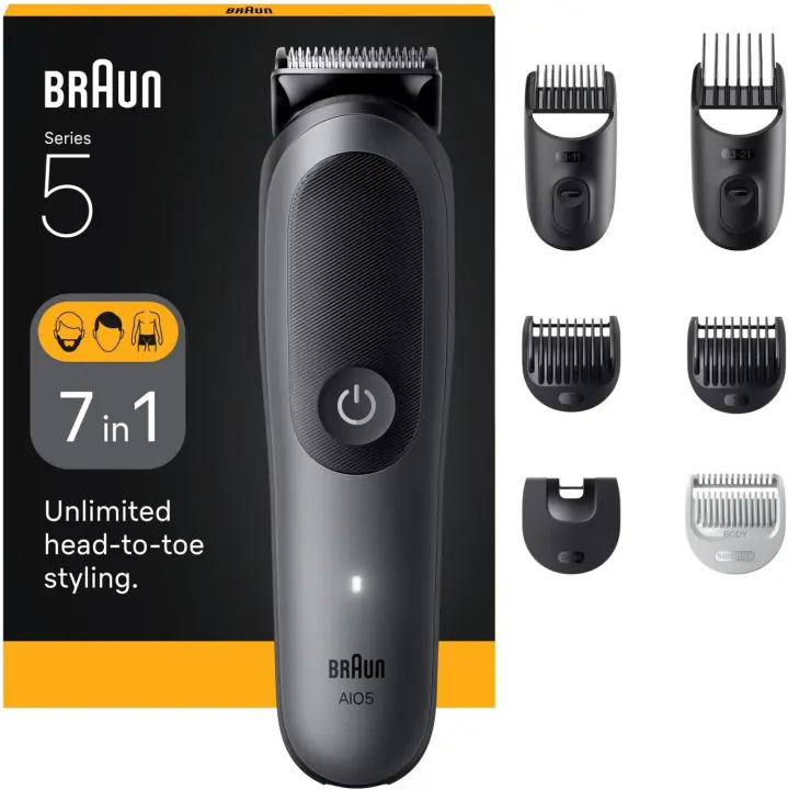 Braun Series 5 MGK5411 recortadora todo en uno, Packs con diferentes componentes para afeitado masculino, recorte de barba, corte de pelo, nariz, orejas y más, con lámina ultraafilada, estuche, resistente al agua, recargable - 1